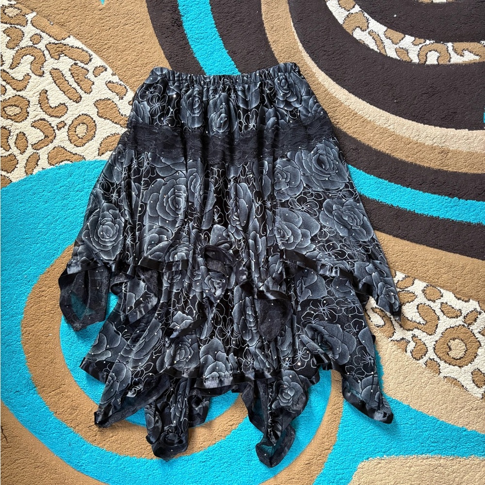 Black Shimmer Floral Skirt With Lace Detail